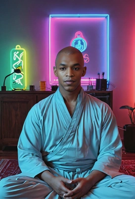 as a techno monk, meditating in a serene room filled with neon lights 