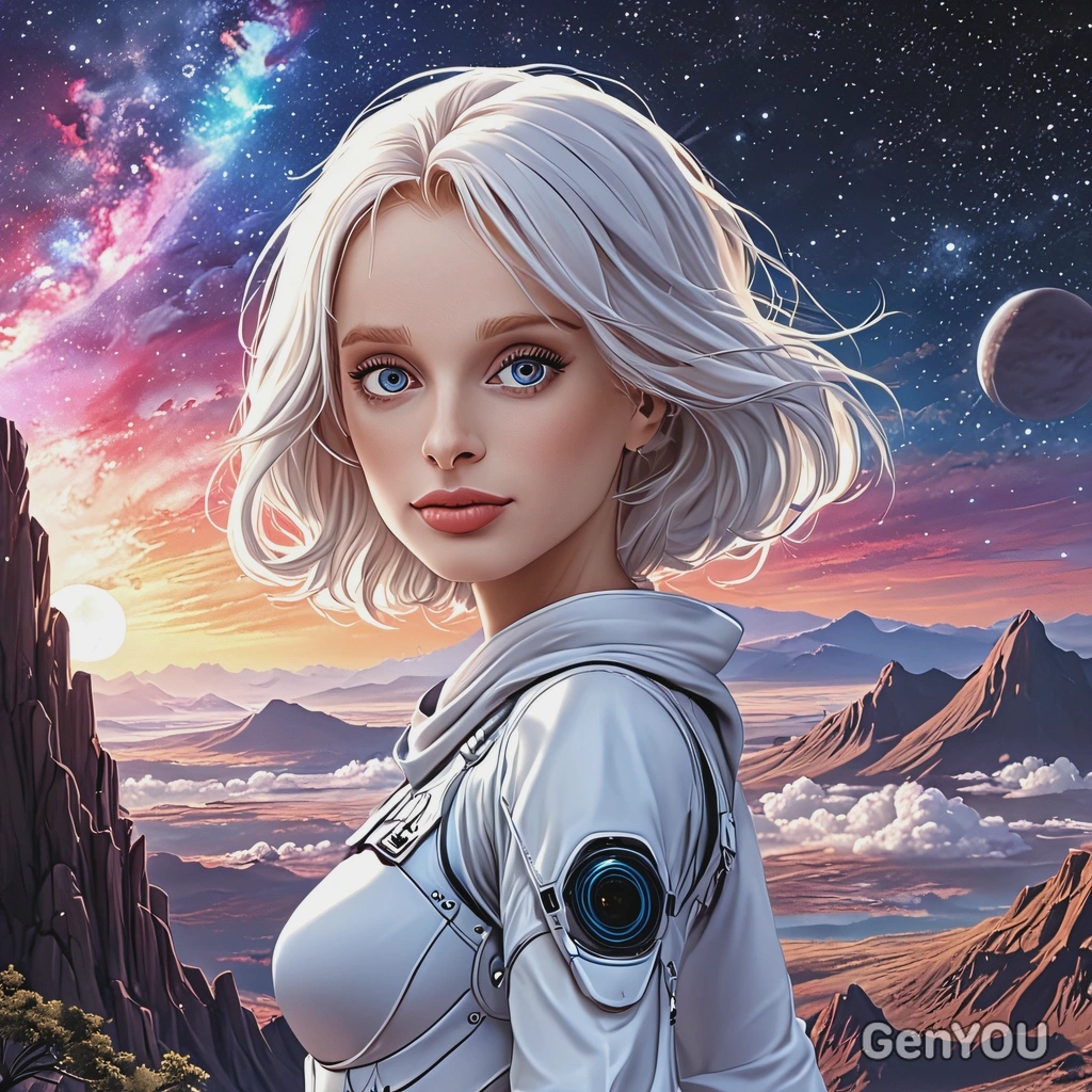 standing watch over a radiant cosmic landscape, anime, big eyes, drawing