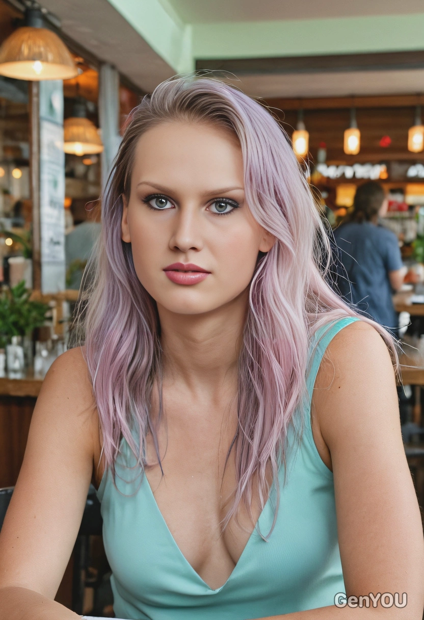 at a restaurant, long hair, pastel tones, photo taken on 50mm lenses, high-res, arms below, bright smile, makeup, cocktail