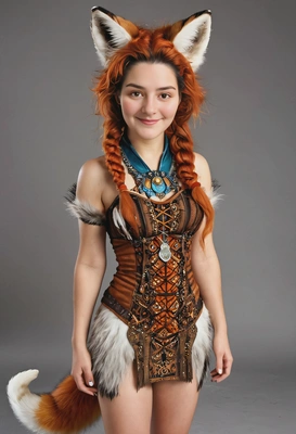 with animalistic fox features, adorned with fur and whiskers, fox ears and tail, full-body image