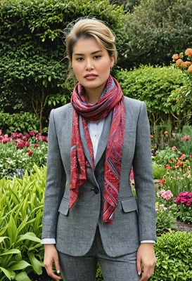 in a sophisticated tweed suit and silk scarf, in a lush garden
