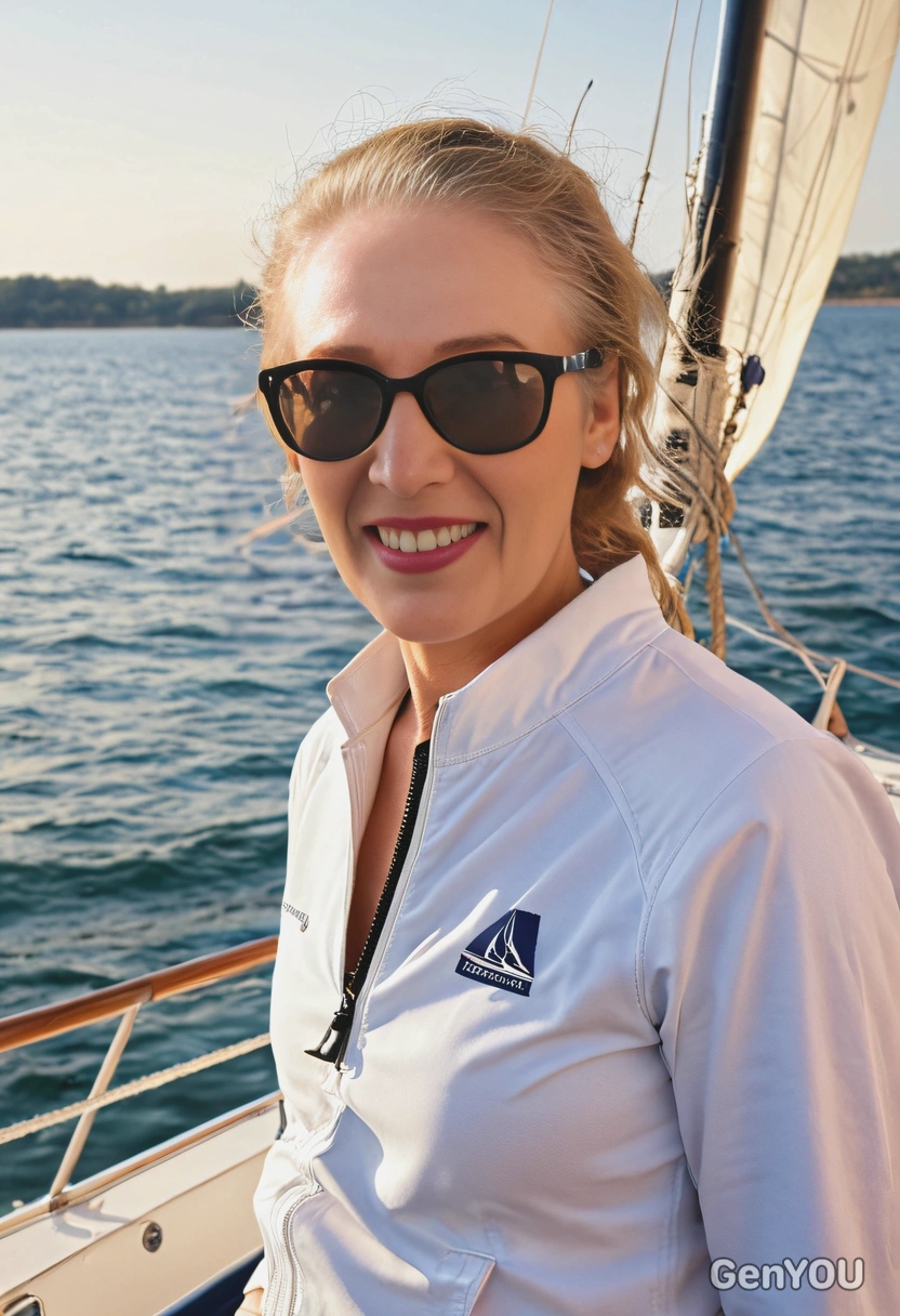 As a sailing participant, wearing the sunglasses, warm light 