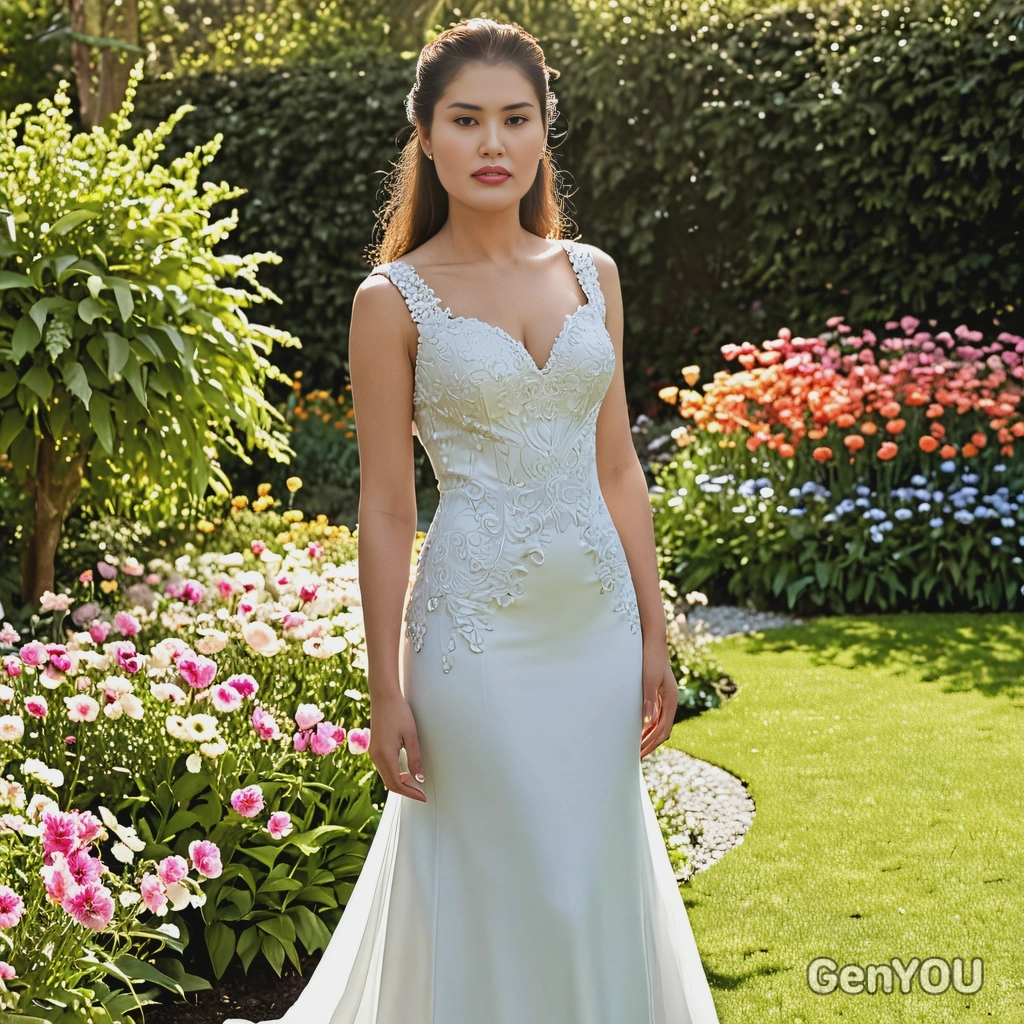 as a bride in a modern, sleeveless gown with a long train, standing in a sunlit garden surrounded by flowers, half body 