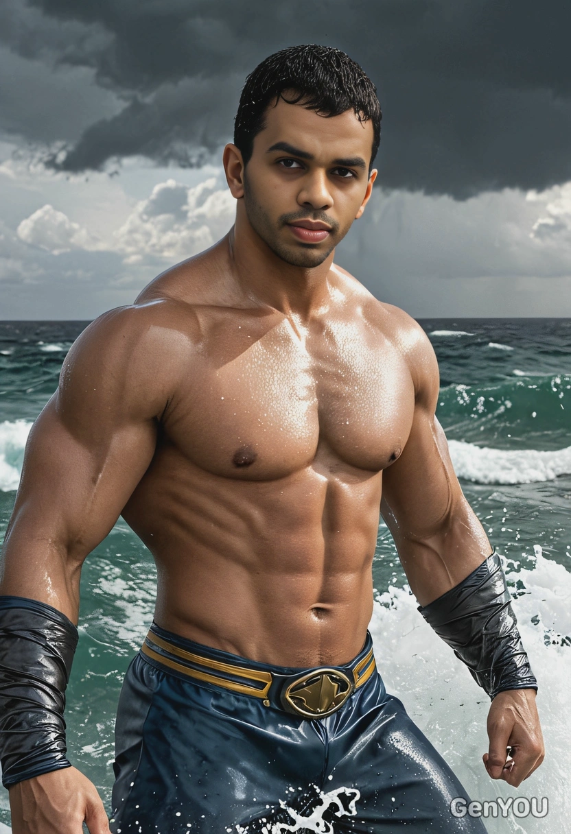 with the ability to manipulate water, causing a raging storm in the ocean, superhero style