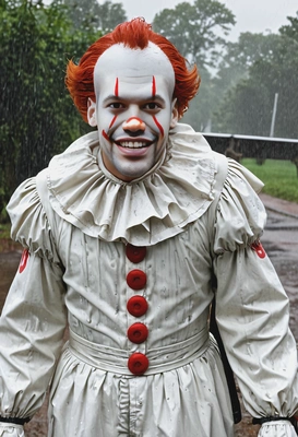 as Pennywise the Clown, in white clown costume, standing in the rain with a menacing smile 