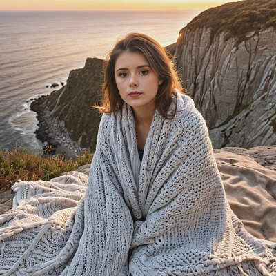 a woman sitting on the edge of a cliff at dawn, wrapped in a cozy blanket, look at the camera, sunset 