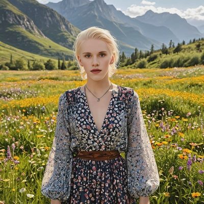 in a bohemian-style dress, standing in a meadow filled with wildflowers, with mountains in the distance and the warm spring sun illuminating the scene, half body portrait