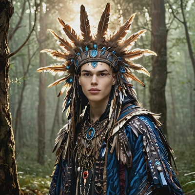 Wearing a feathered headdress and an ornate cloak, pose as a shaman summoning animal spirits in a sacred forest filled with glowing symbols
