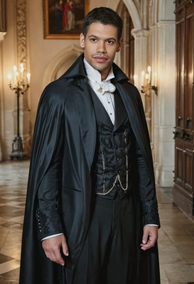 as Dracula, in an elegant Victorian suit, standing in the grand, candle-lit hallway of his castle, a cape draped dramatically over him, mid-shot 