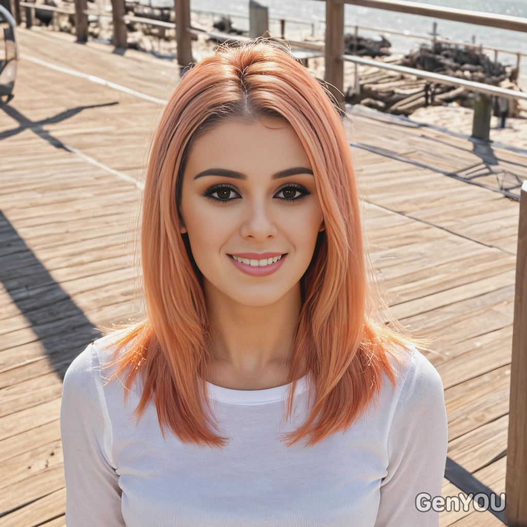 straight, mid-length hair dyed in soft coral with golden undertones, styled for a glossy finish, against a sunlit boardwalk background