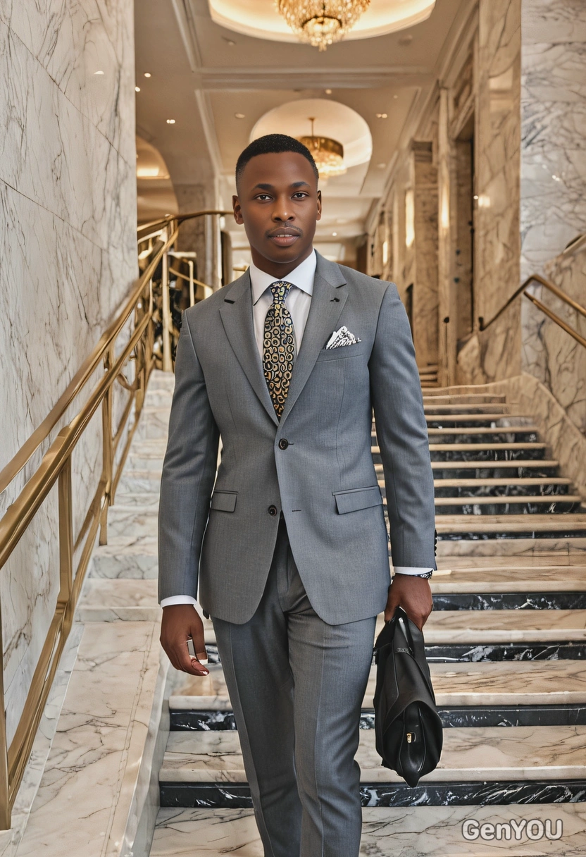 wearing a custom gray suit, walking down a marble staircase in a luxury hotel