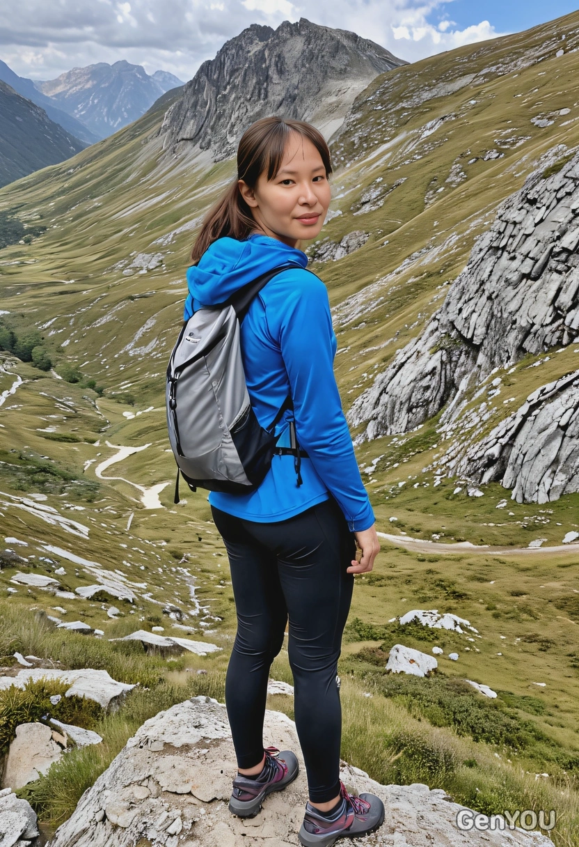 in a lightweight hiking outfit, the view from a mountain pass