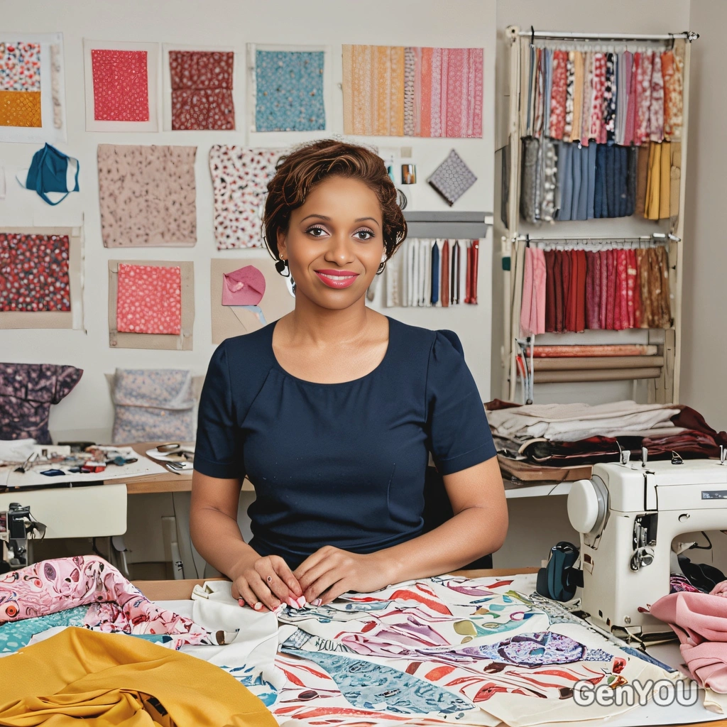 as a fashion designer, with fabric samples and sewing machines in the background