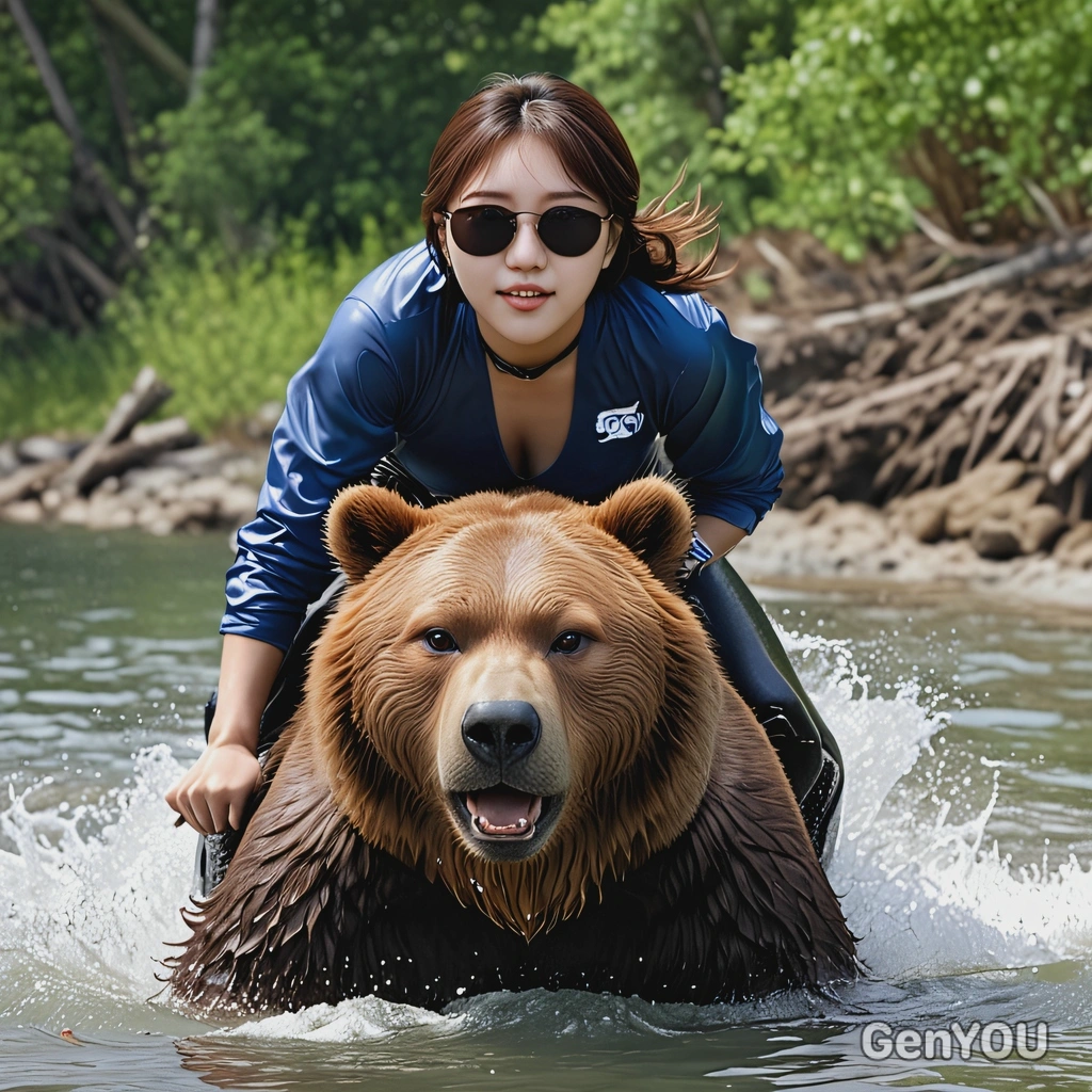  riding a massive brown bear, galloping through shallow water, sunglases