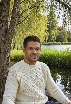 in a soft cream sweater, sitting on the edge of a wooden dock by a calm lake, with willow trees swaying gently in the background