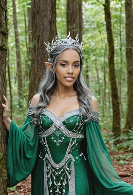 As a woodland elf queen, wearing a flowing green gown with silver accents, standing in an enchanted forest