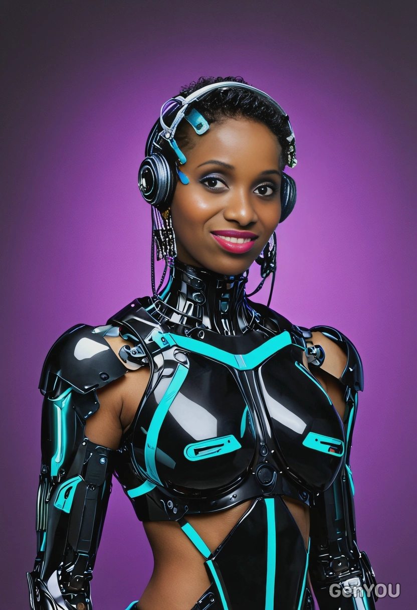 A futuristic fashion model with robotic body part and AR accessories, posing in a neon-soaked photo shoot