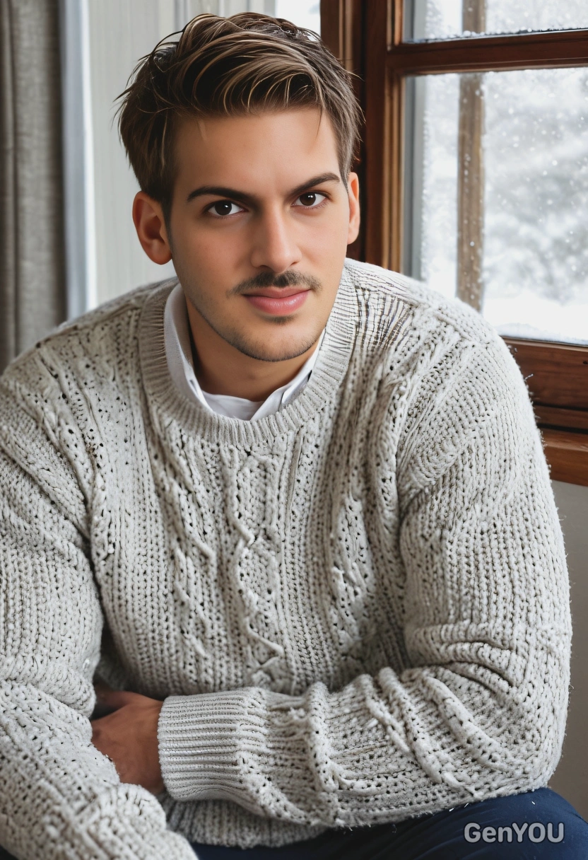 in a warm sweater, sitting by a window with snow outside, looking at viewer 