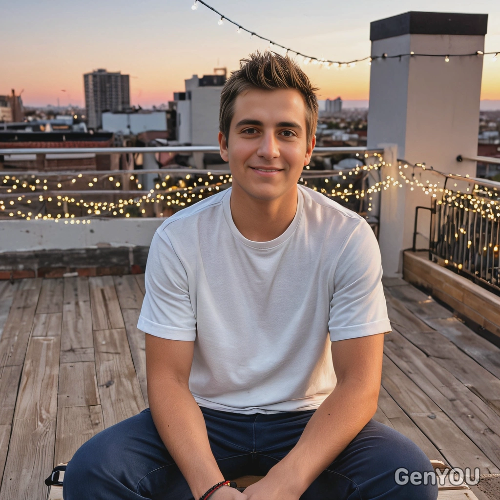 wearing a casual streetwear look, sitting on a rooftop terrace at sunset, surrounded by string lights above 