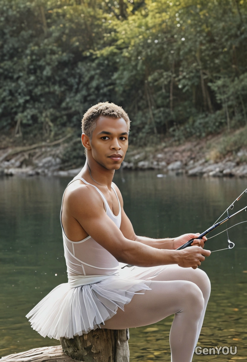 sitting, fishing dressed like a ballet dancer, blurred background