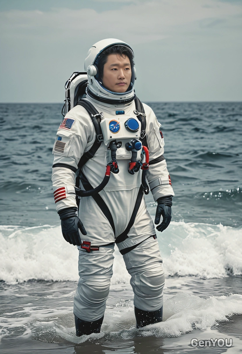 astronaut in the ocean, full-body, blurred background, cinematographic style