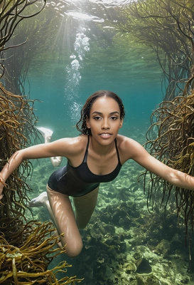 a swimmer pushing through seaweed in an underwater forest