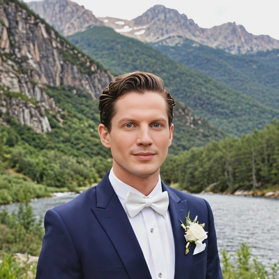as the groom in a sharp navy blue tuxedo with a white bow tie and a matching boutonnière, posing with a scenic mountain backdrop