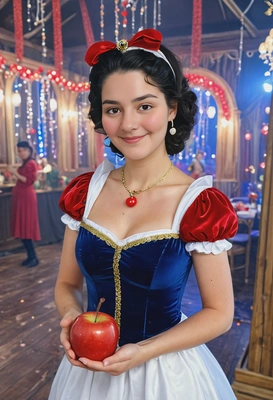 dressed as Snow White at a costume party, holding a red apple, full-body image, in a decorated party hall with magical blurry lights