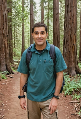 As a tourist walking around at  Redwood National and State Parks, look at the camera 