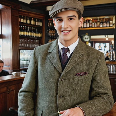 mid-shot, with a flat cap, wearing a tweed jacket, at a traditional English pub