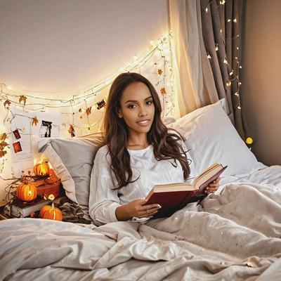 reading a book in bed, with fairy lights and autumn decor in the room