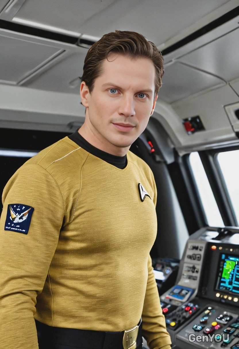 as Captain Kirk on the bridge of the USS Enterprise, in gold Starfleet shirt, mid-shot