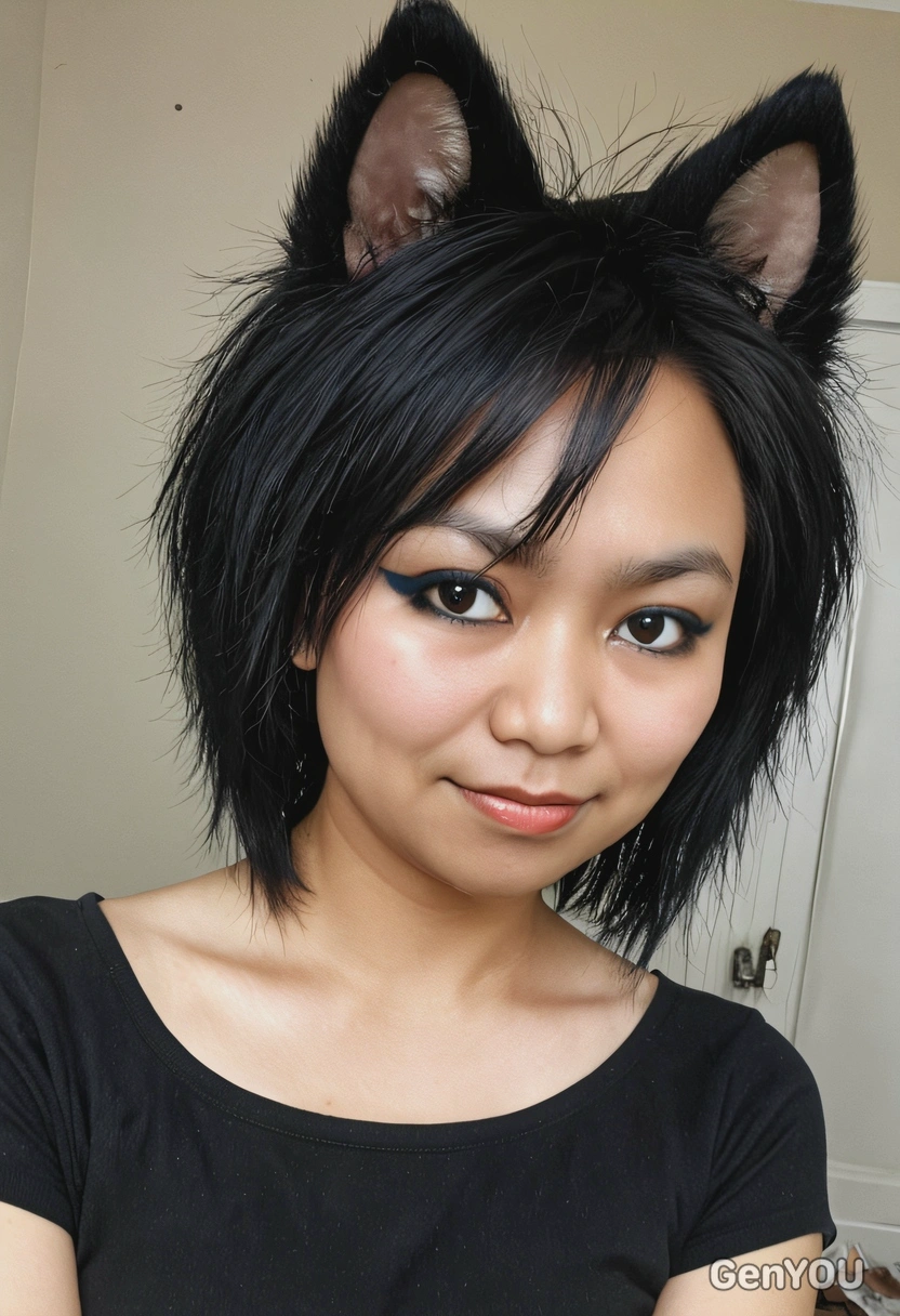 slim face and a wolf cut volume hair with black hair and emo makeup pretty girl,