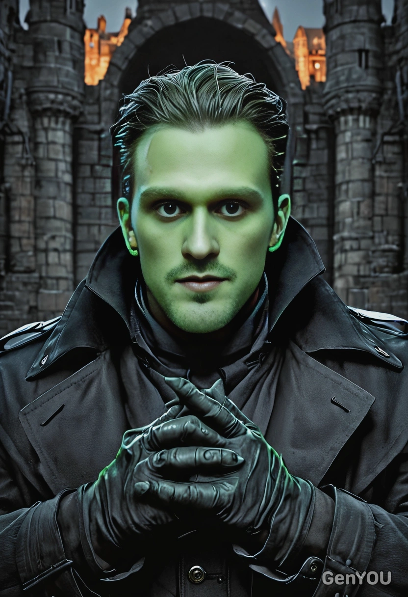 as a green Frankenstein's monster, in black trench coat, massive hands, old dark castle behind, close-up shot, eyes on center, vivid colors, symmetrical clothing details, 3D video game style, high-quality stylized art