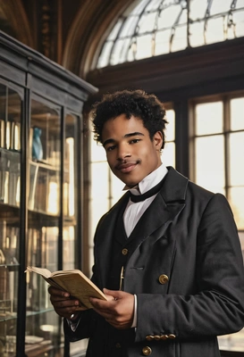 Victorian Era, Victorian Gentleman, wearing sophisticated dark frock coat with subtle brass button, field journal tucked in pocket, blurry Natural history museum with glass specimen cases on the background, sunset rays from the window