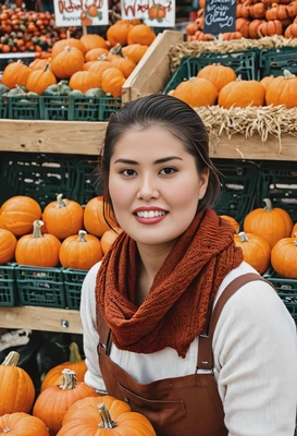 a farmer’s market vendor, lifestyle photography, eyes on you, smiling, autumn aesthetic, pumpkins
