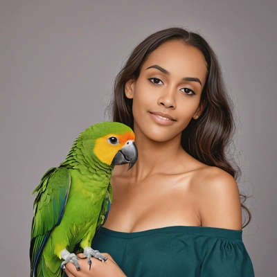 with a parrot on her shoulder 