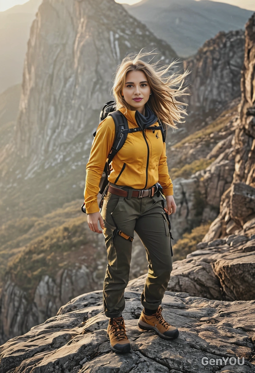 a mountain explorer, full-body shot, standing on a rocky cliff, wind blowing hair, wearing tracking clothes, golden sunrise light, cinematic epic atmosphere, sharp focus on face