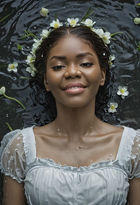 as Ofelia from Hamlet, white flowers, symmetrical pose and hair, lying in water, dark and sad atmosphere, eyes shut tight, without glasses