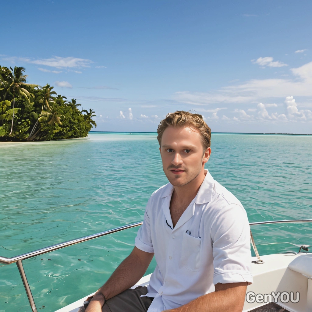 sitting on the edge of a boat, a tropical lagoon