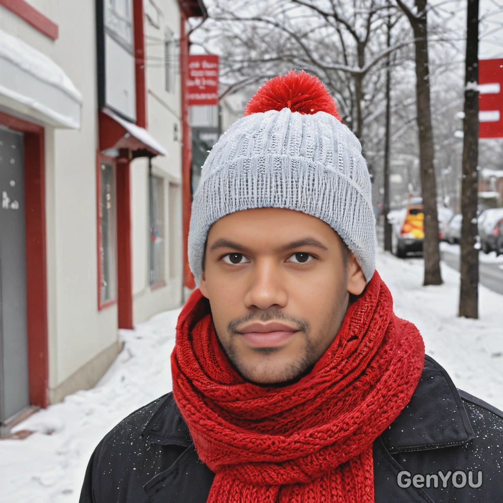 looking at viewer, in a red scarf and plain beanie, strolling through a snowy street