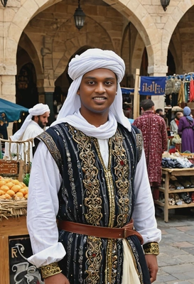 wearing a medieval merchant's garb, standing in a market square