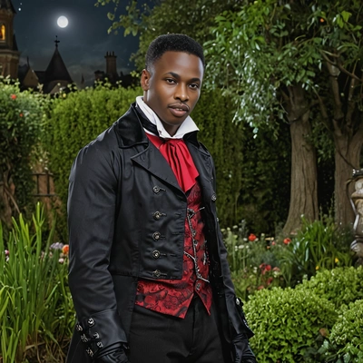 dressed as a Victorian vampire hunter, dark night garden on the background