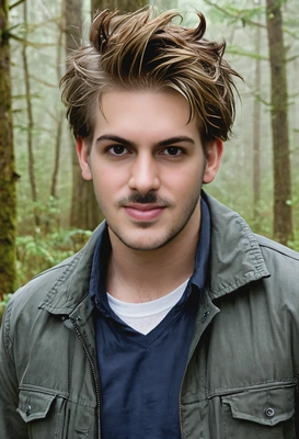as Robert Pattinson's Edward Cullen in Twilight, with tousled bronze hair and pale features, in a misty Pacific Northwest forest 