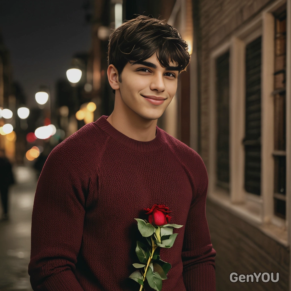 Full-body candid Valentine portrait of me, lean athletic build, fitted sweater, looking slightly over my shoulder with a teasing smile, holding a rose loosely, warm city night lighting, cinematic lifestyle photography