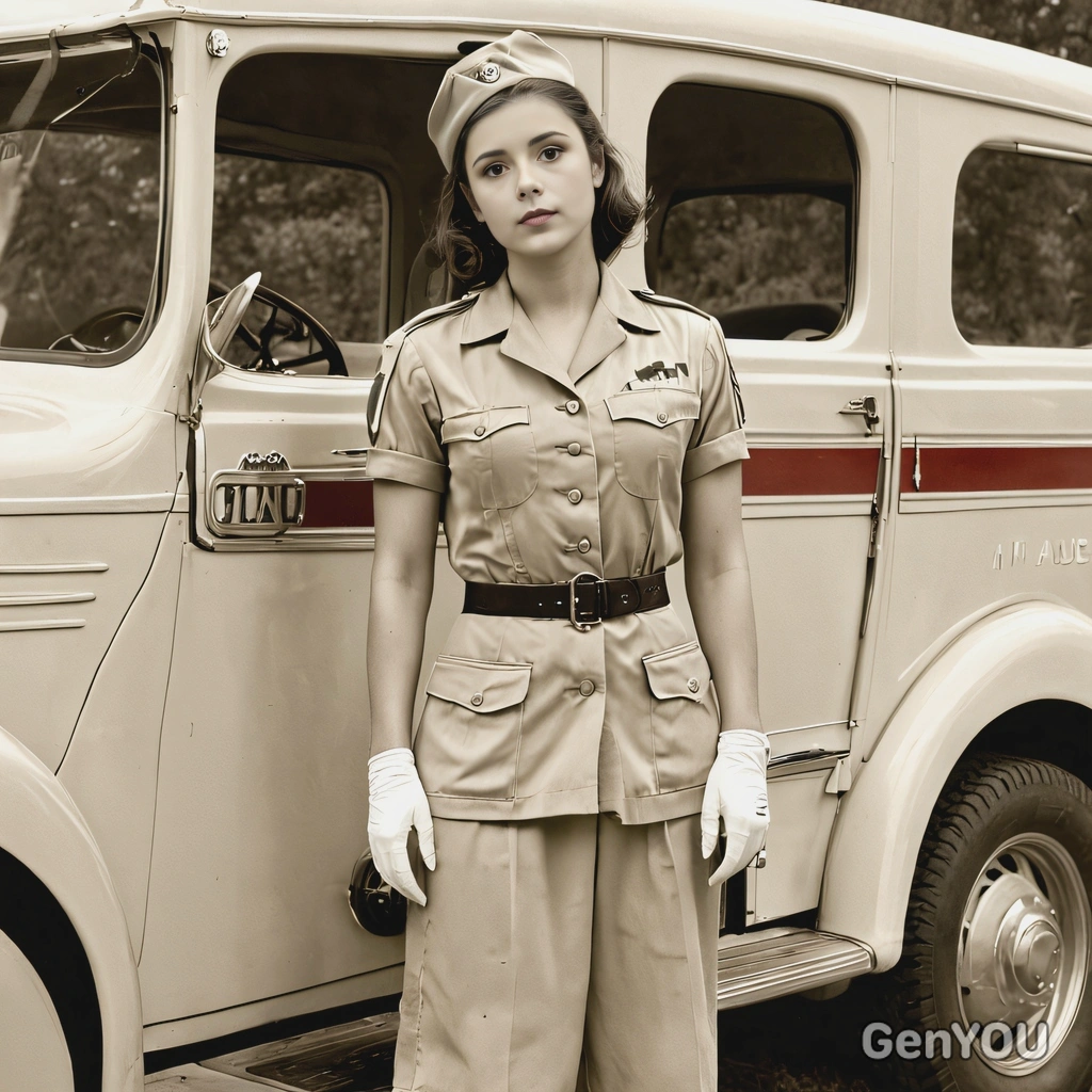 in a 1940s military nurse outfit, standing by a vintage ambulance, captured in soft sepia tones