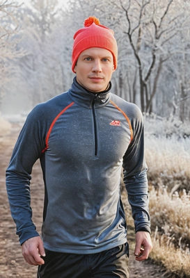 jogging on a frost-covered trail early in the morning, wearing thermal running gear and a bright beanie, mid-shot  