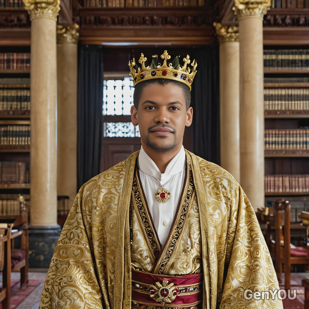 a king in a traditional robe and crown, standing in a vast royal library , half body portrait 