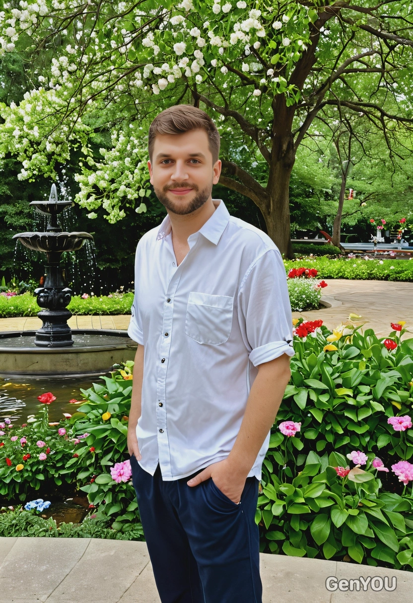 wearing a casual outfit, standing by a fountain in the middle of a park, surrounded by trees with fresh green leaves and flowers in full bloom