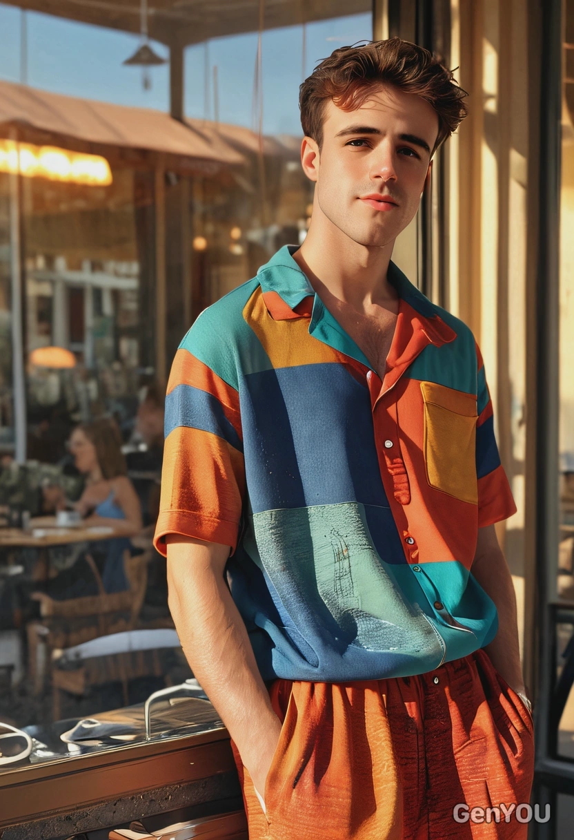 iPhone camera quality, hyperrealistic textured face skin, wearing stylish baggy oversized loose-fitting pachwork colorful jumpsuit, creative posing, blurry hip french cafe background, sunset sun rays from the window
